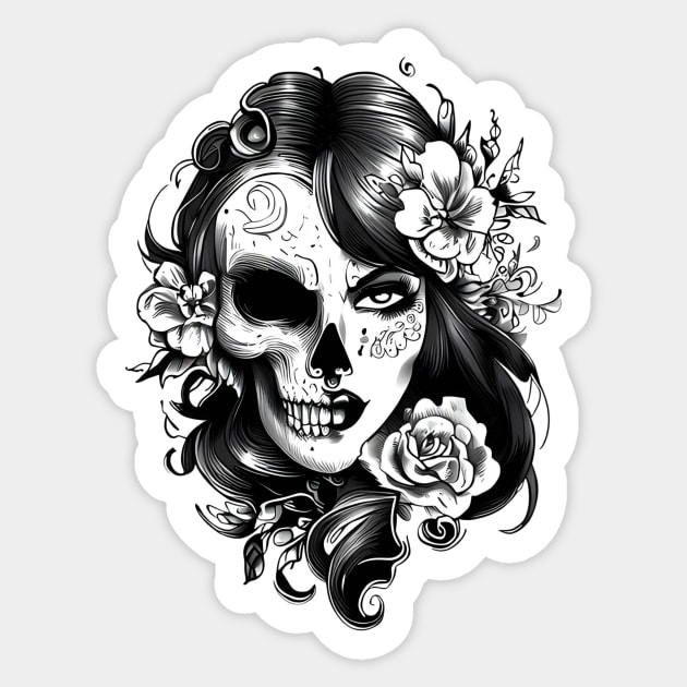 half woman half skull tattoo Skull Sticker TeePublic